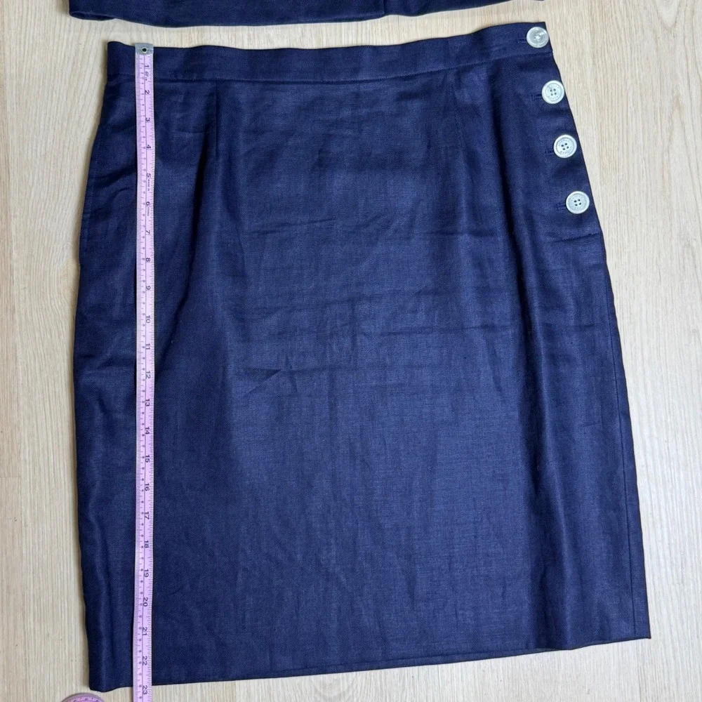 Lauren Ralph Lauren Skirt Suit Womens 12P Navy Blue Linen Double Breasted Blazer